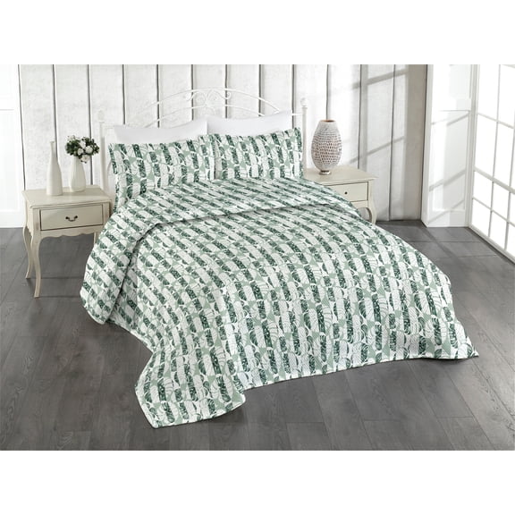 Ambesonne Botanical Quilted Bedspread Set 3 Pcs, Monstera Leaves Tropical, Queen, White and Emerald