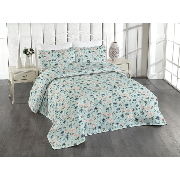 Ambesonne Botanical Quilted Bedspread Set 3 Pcs, Pastel Flowers Spring Art, Twin, Pale Blue and Rose