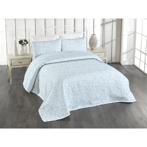 Ambesonne Botanical Quilted Bedspread Set 3 Pcs, Summer Sky Minimalist, Queen, Soft Blue and Deep Sky Blue