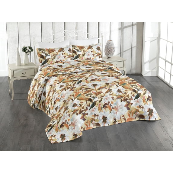 Ambesonne Botanical Quilted Bedspread Set 3 Pcs, Summer Vintage Aster Art, Queen, Cinnamon and Pale Khaki