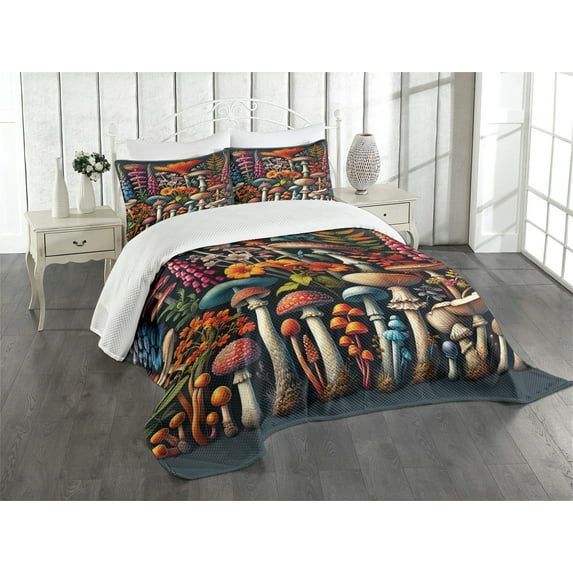 Ambesonne Botanical Quilted Bedspread Set 3 Pcs, Surreal Colorful Mushroom, King Size, Dark Blue Grey and Multicolor