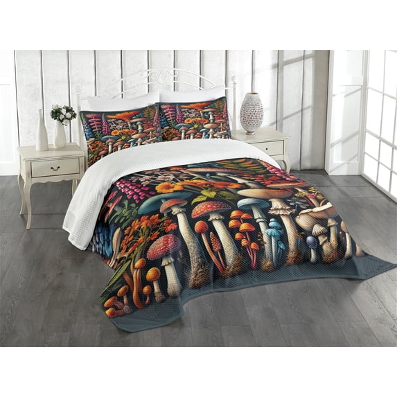 Ambesonne Botanical Quilted Bedspread Set 3 Pcs, Surreal Colorful Mushroom, Queen Size, Dark Blue Grey and Multicolor