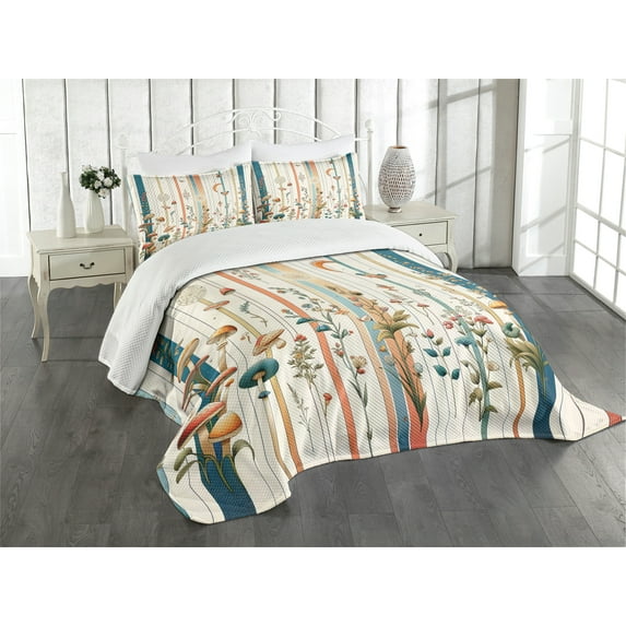 Ambesonne Botanical Quilted Bedspread Set 3 Pcs, Woodland Bohemian Stripes, King Size, Petrol Blue Salmon White