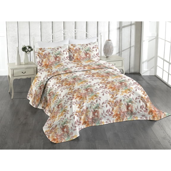 Ambesonne Botanical Quilted Coverlet 2 Pcs, Fall Leafy Branches Blots, Twin Size, Rose Apricot and Pale Teal