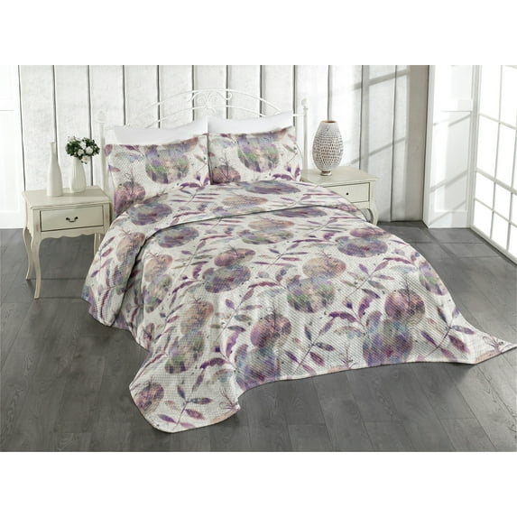Ambesonne Botanical Quilted Coverlet 2 Pcs, Grunge Leaves Circle Art, Twin Size, Blue Violet and Pale Eggplant