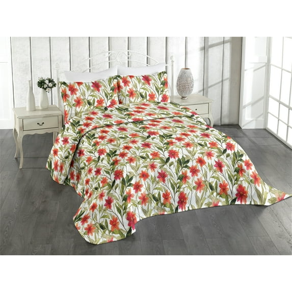 Ambesonne Botanical Quilted Coverlet 3 Pcs, Flowers Leafy Nature Vibe, King Size, Olive Green and Vermilion