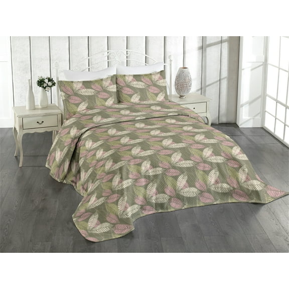Ambesonne Botanical Quilted Coverlet 3 Pcs, Modern Leaves Leafy Print, King Size, Green Brown Pale Pink