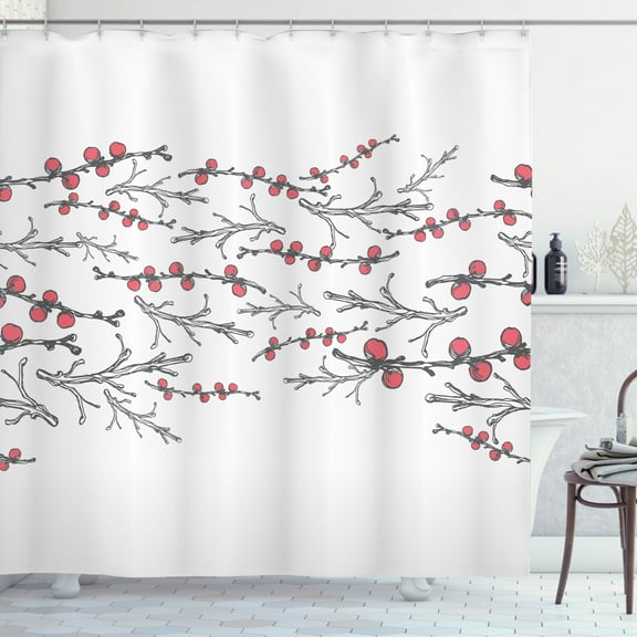 Ambesonne Botanical Shower Curtain, Branches of Winter Berry, 69"Wx84"L, Coral White and Grey
