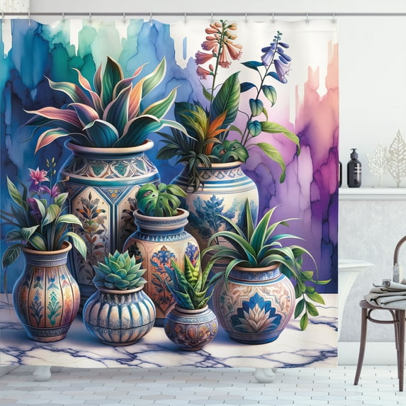Ambesonne Botanical Shower Curtain, Exotic Leaves Ethnic Pots, 69"Wx75"L, Purple Blue Dried Rose