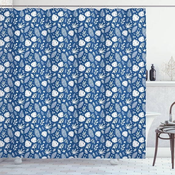 Ambesonne Botanical Shower Curtain, Floral Forest Leaves Art, 69"Wx70"L, Cobalt Blue and White