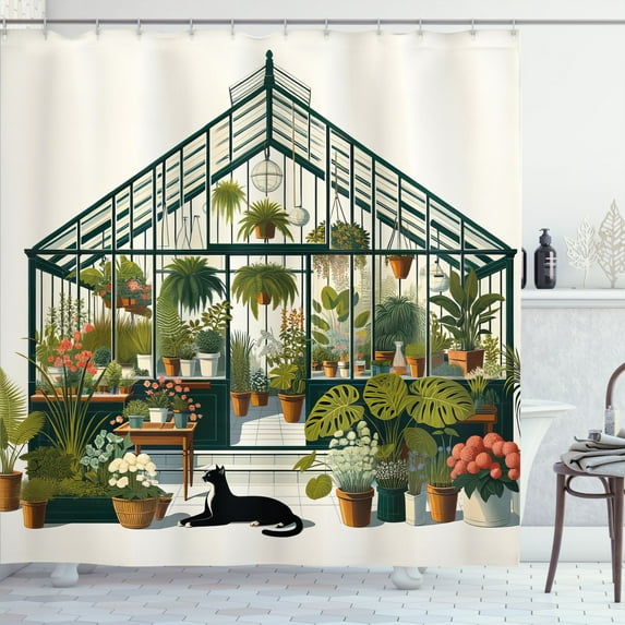 Ambesonne Botanical Shower Curtain, Greenhouse and Big Cat, 69"Wx84"L, Olive Green and Dark Teal