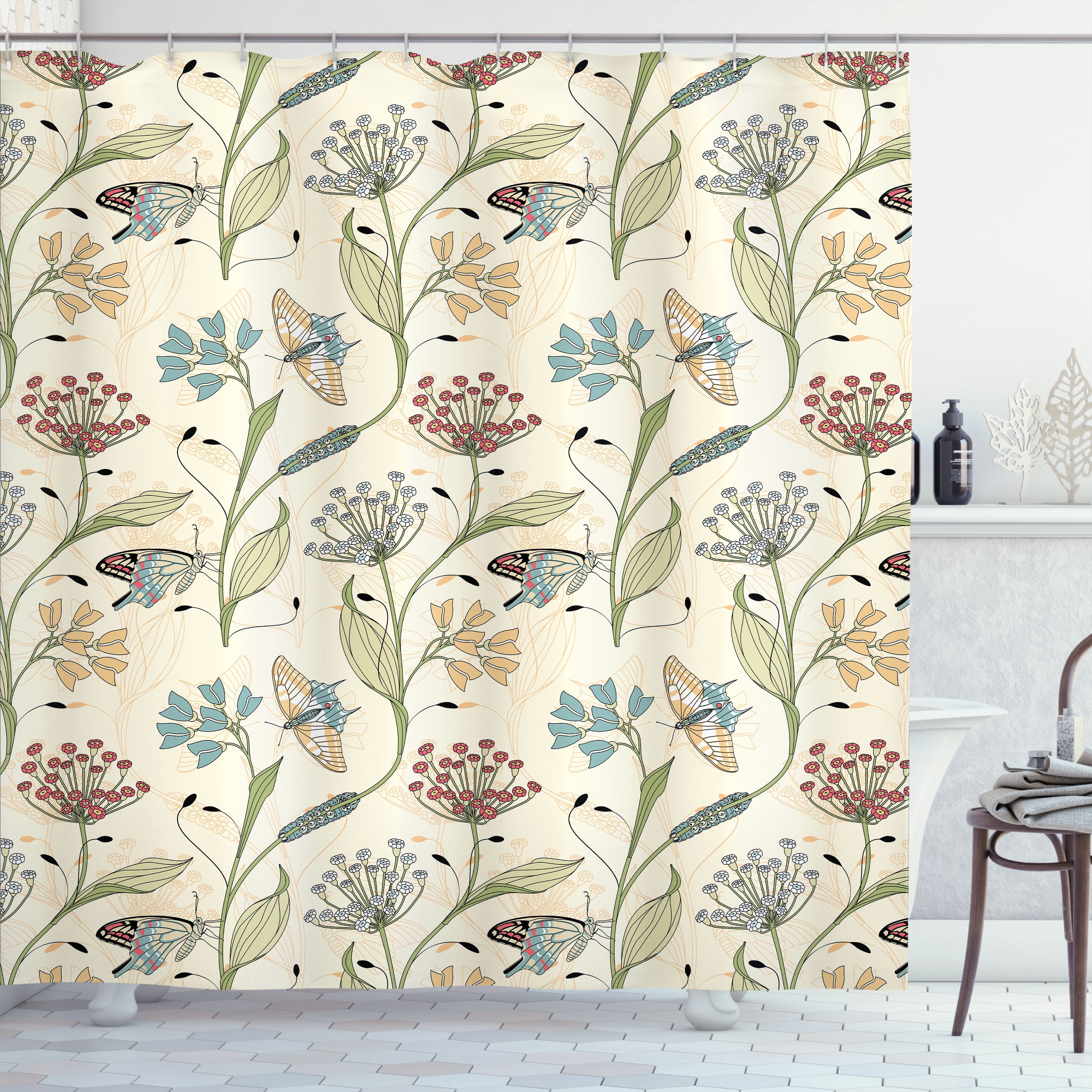 Cream Ecru Botanical Floral Fabric Shower Curtain with Hooks
