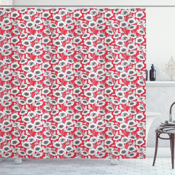 Ambesonne Botanical Shower Curtain, Spring Poppy Flowers Art, 69"Wx84"L, Dark Coral Dark Grey