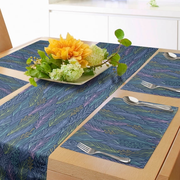 Ambesonne Botanical Table Runner & Placemats, Abstract Summer Herbs, Placemat 4 pcs + Runner 16"x90", Dark Sky Blue Multicolor