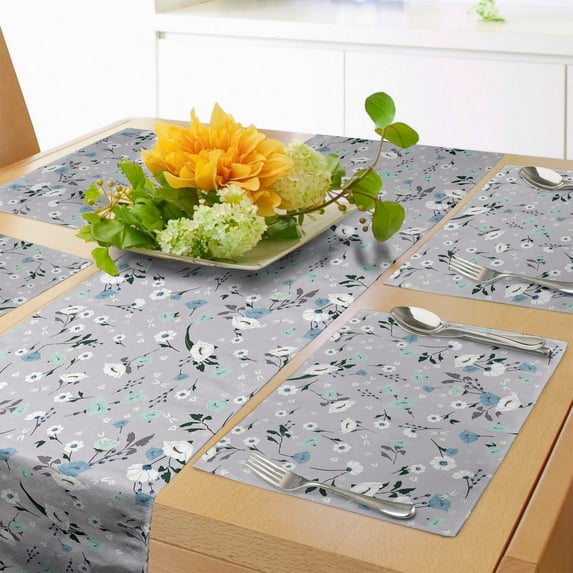 Ambesonne Botanical Table Runner & Placemats, Blooming Flower Patterns, Placemat 4 pcs + Runner 14"x72", Ceil Blue Pale Seafoam