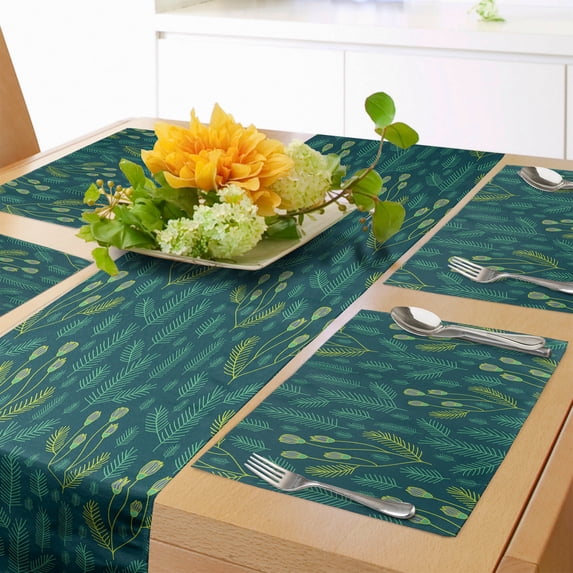 Ambesonne Botanical Table Runner & Placemats, Forest Tones Pine Leaves, Placemat 4 pcs + Runner 12"x90", Dark Teal and Green