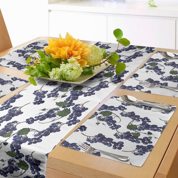 Ambesonne Botanical Table Runner & Placemats, Fresh Bunch of Grapes, Placemat 4 pcs + Runner 12"x90", Dark Indigo and Olive Green