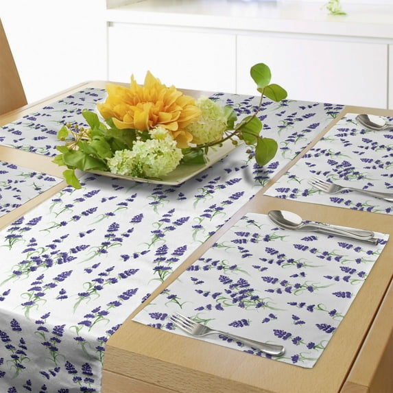 Ambesonne Botanical Table Runner & Placemats, Lavender Bouquet Romance, Placemat 4 pcs + Runner 16"x90", Indigo Olive Green