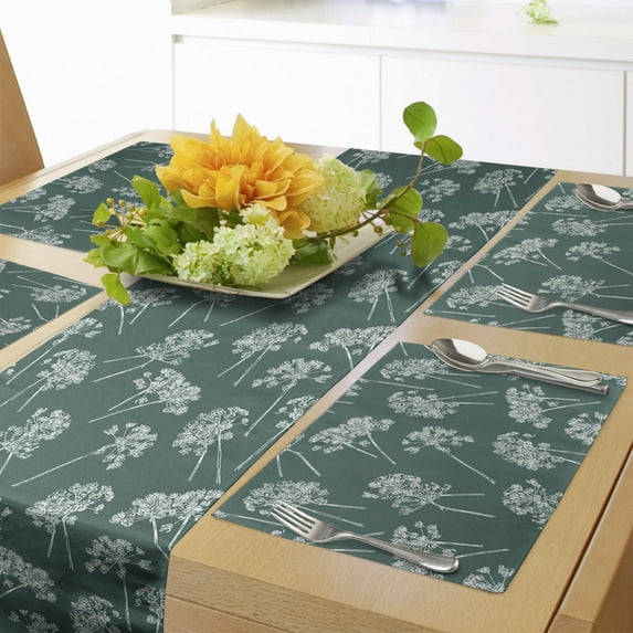 Ambesonne Botanical Table Runner & Placemats, Meadow Flowers Drawing, Placemat 4 pcs + Runner 12"x90", Hunter Green White