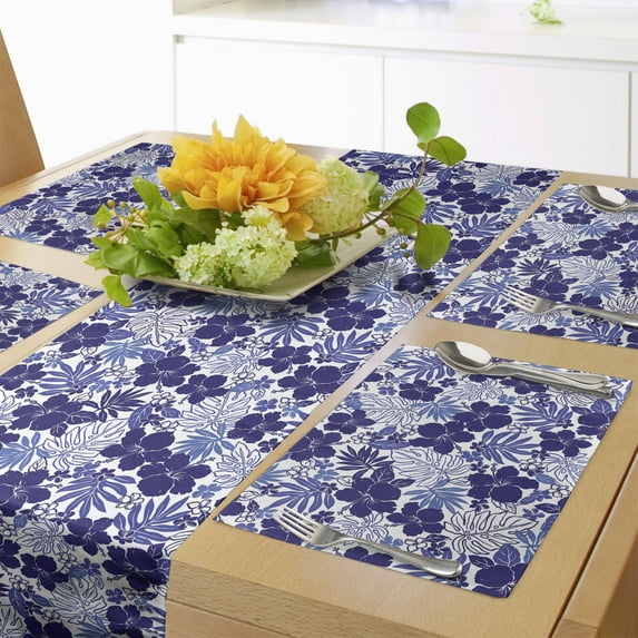 Ambesonne Botanical Table Runner & Placemats, Monochrome Exotic Flora, Placemat 4 pcs + Runner 12"x90", Indigo Violet Blue White
