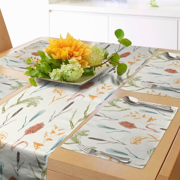 Ambesonne Botanical Table Runner & Placemats, Nature Plant Foliage Art, Placemat 4 pcs + Runner 12"x90", Off White Multicolor