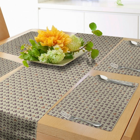 Ambesonne Botanical Table Runner & Placemats, Retro Vintage Leaves Art, Placemat 4 pcs + Runner 16"x72", Pale Sepia Dark Purple