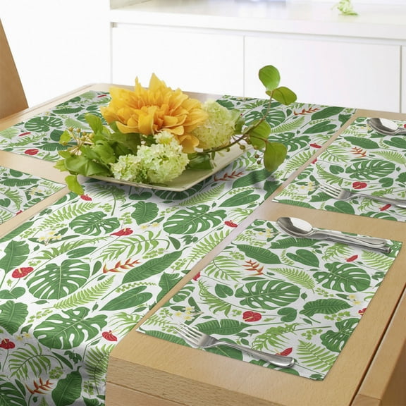 Ambesonne Botanical Table Runner & Placemats, Tropical Climate Flora, Placemat 4 pcs + Runner 12"x72", Green Lime Green