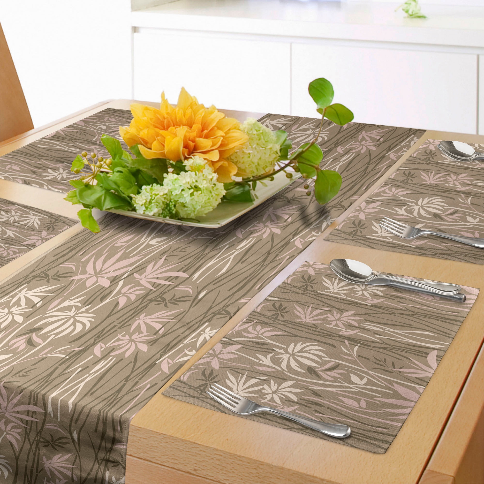 Ambesonne Botanical Table Runner & Placemats, Tropical Leaf Nude Tones