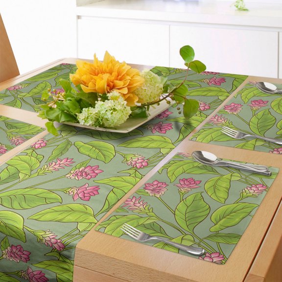 Ambesonne Botanical Table Runner & Placemats, Turmeric Flower Blossom, Placemat 4 pcs + Runner 12"x72", Green Apple Green
