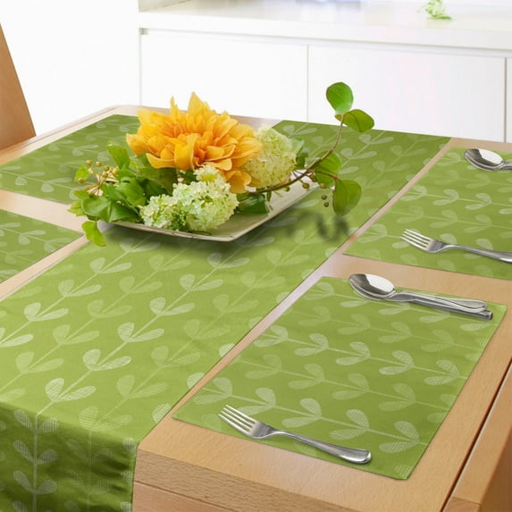 Ambesonne Botanical Table Runner & Placemats, Vertical Nature Leaves, Placemat 4 pcs + Runner 16"x72", Apple Green White