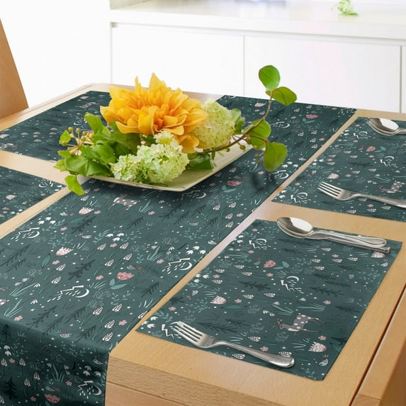 Ambesonne Botanical Table Runner & Placemats, Winter Reindeer, Placemat 4 pcs + Runner 14"x72", Grey Teal and Multicolor