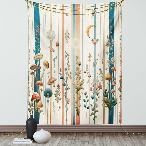 Ambesonne Botanical Tapestry Wall Hanging, Woodland Bohemian Stripes, 60"x80", Petrol Blue Salmon White