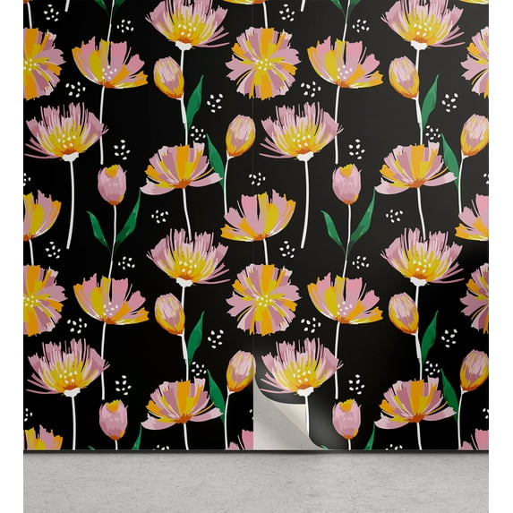 Ambesonne Botanical Themed Peel & Stick Wallpaper for Home, Tulip Pattern Art, 13"x36", Charcoal Grey Pale Pink