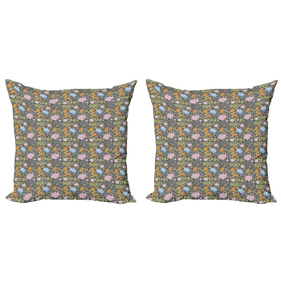 Ambesonne Botanical Throw Pillow Cover 2 Pack, Creative Nature Blooming, 24", Dimgray Multicolor