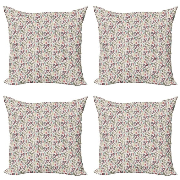 Ambesonne Botanical Throw Pillow Cover 4 Pack, Creative Leafy Branches, 16", Eggshell and Multicolor