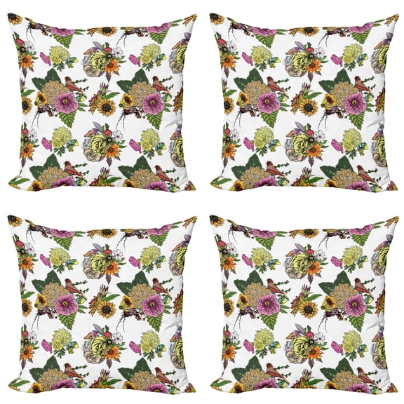 Ambesonne Botanical Throw Pillow Cover 4 Pack, Leaves and Sunflowers, 24", Multicolor