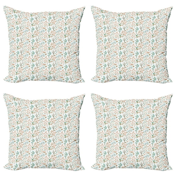 Ambesonne Botanical Throw Pillow Cover 4 Pack, Soft Toned Meadow Blooms, 24", Seafoam Coral Pale Brown