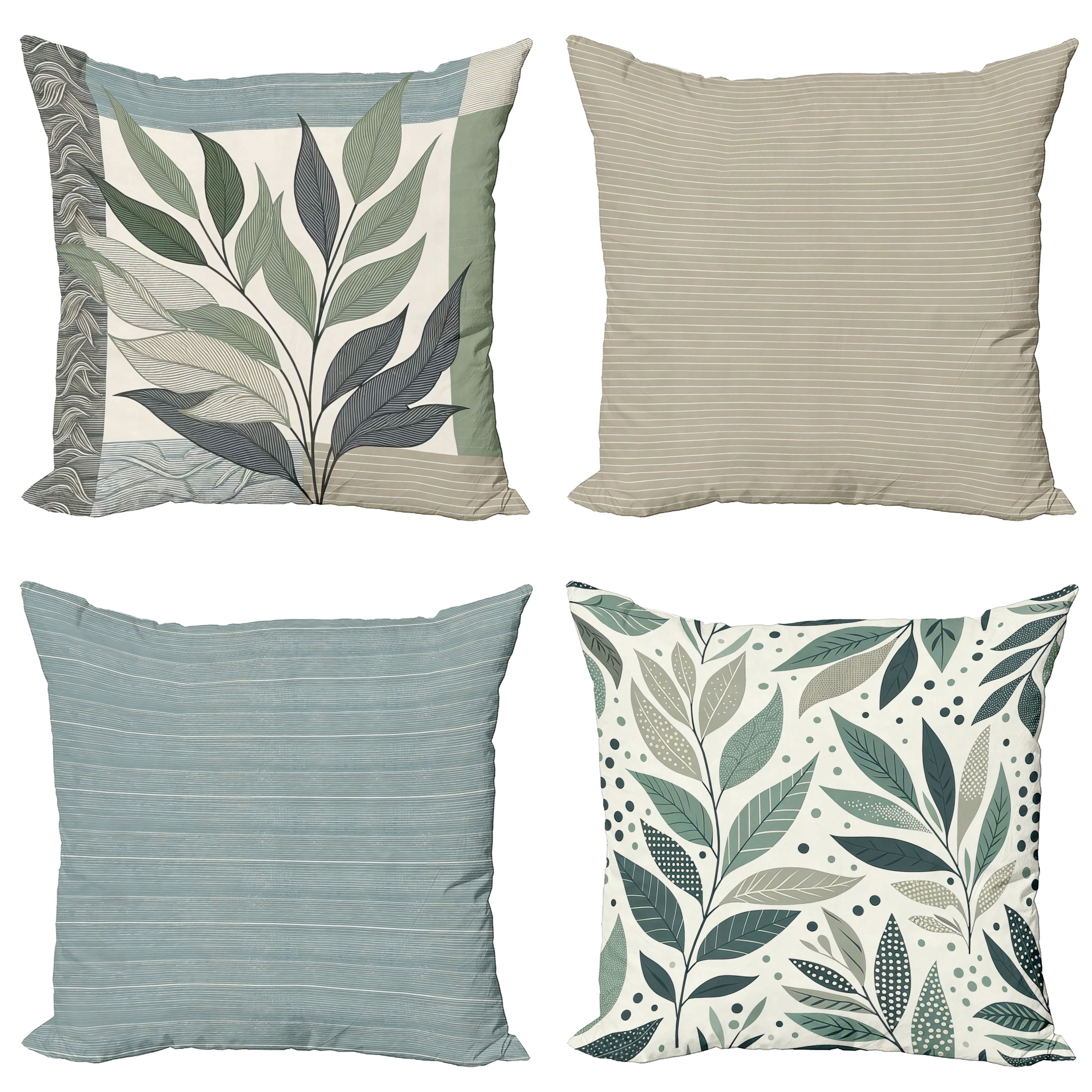 Green Slate Blue and Eggshell Botanical Polyester Euro Pillow Covers