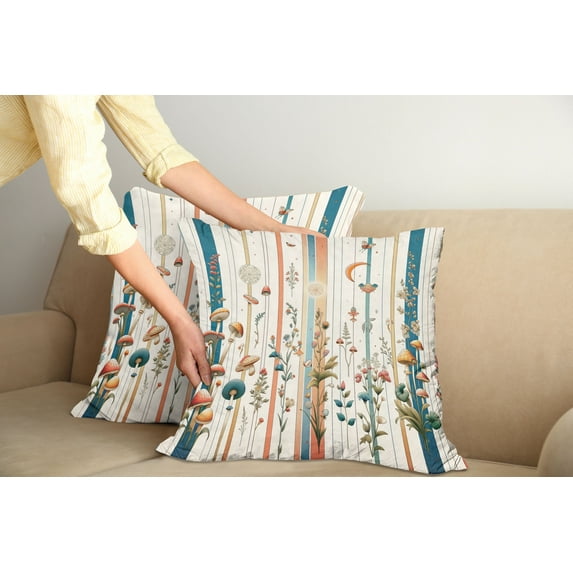 Ambesonne Botanical Throw Pillow Cover Pack of 2, Woodland Bohemian Stripes, 2 Pcs-16"x16", Petrol Blue Salmon White