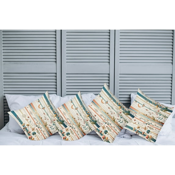 Ambesonne Botanical Throw Pillow Cover Pack of 4, Woodland Bohemian Stripes, 4 Pcs-26" x 26", Petrol Blue Salmon White