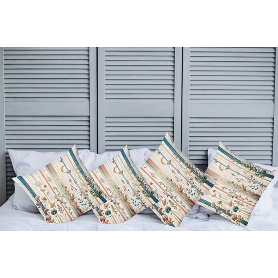 Ambesonne Botanical Throw Pillow Cover Pack of 4, Woodland Bohemian Stripes, 4 Pcs-28" x 28", Petrol Blue Salmon White