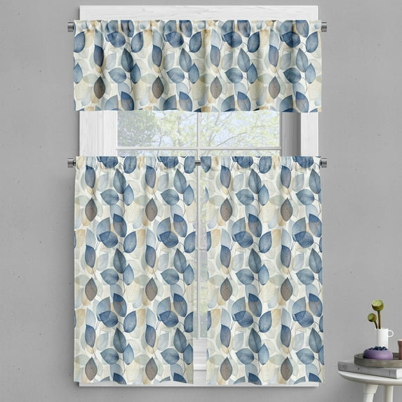Ambesonne Botanical Valance & Curtain 3 Pcs Set, Modern Leaves Paint Print, 55"x45", Dark Night Blue and Beige