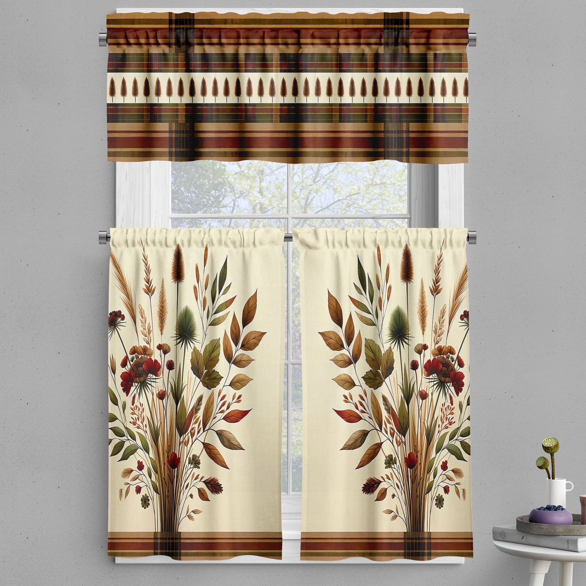 Rustic Autumnal Bouquet Gray and Cinnamon Polyester Kitchen Curtain Set