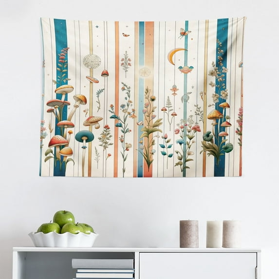 Ambesonne Botanical Wall Hanging Tapestry, Woodland Bohemian Stripes, 28"x23", Petrol Blue Salmon White