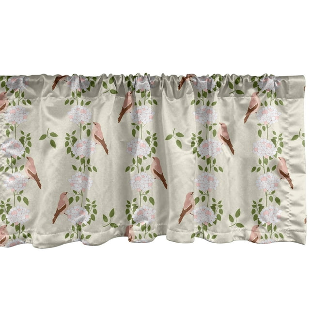 Ambesonne Botanical Window Valance, Hortensia and Bird Strips, 42" x 12", Eggshell Pale Redwood