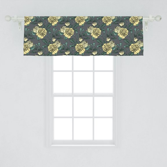 Ambesonne Botanical Window Valance, Repeating Pattern Yellow Tone Roses Flowers English Garden Art on Grey, Curtain Valance for Kitchen Bedroom Decor with Rod Pocket, 54" X 18", Multicolor
