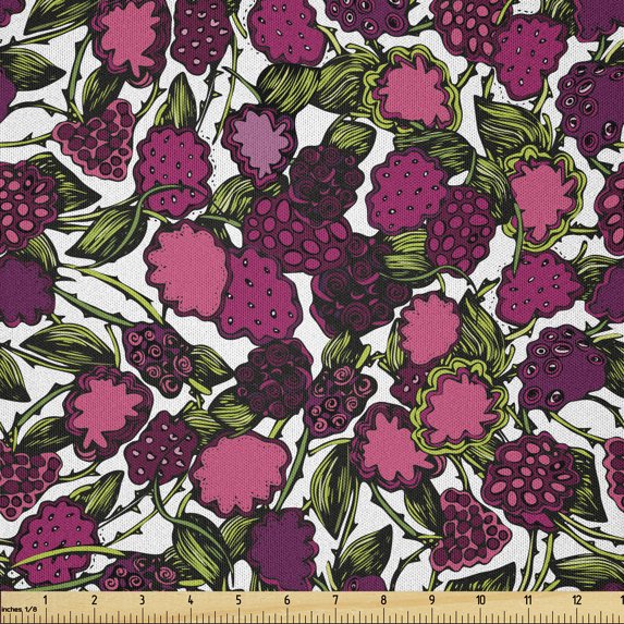 Ambesonne Botany Fabric by the Yard Microfiber, Pinkish Blackberries Pattern, 1 Yard, Raspberry Lime Green