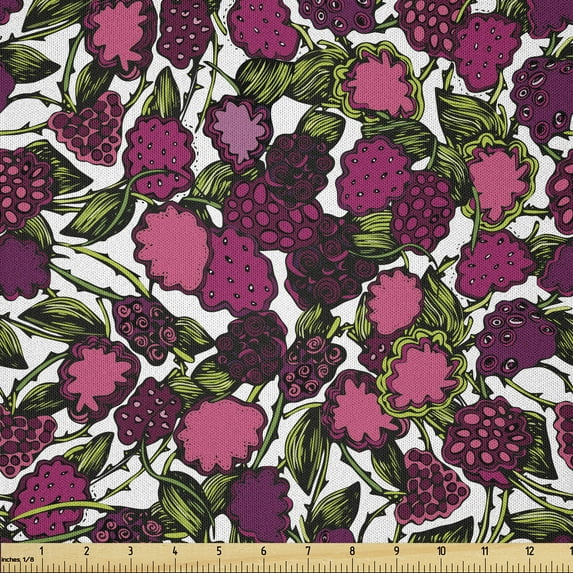 Ambesonne Botany Fabric by the Yard Microfiber, Pinkish Blackberries Pattern, 5 Yards, Raspberry Lime Green