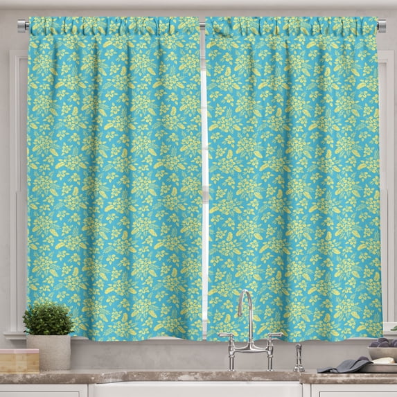 Ambesonne Botany Kitchen Curtains, Exotic Aster Flower Pattern, 55"x45", Sky Blue and Pastel Yellow