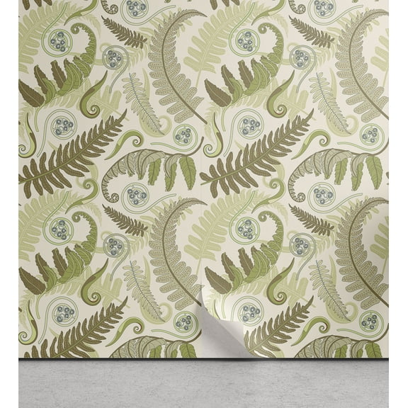 Ambesonne Botany Peel & Stick Wallpaper for Home, Curlicue Fern Leaves Art, 13"x100", Eggshell and Dark Tan